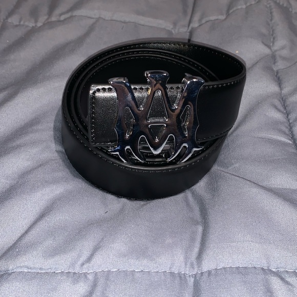 Amiri Men’s Silver AM Logo Buckle Black Faux Leather Men’s Belt 42 - Picture 2 of 4